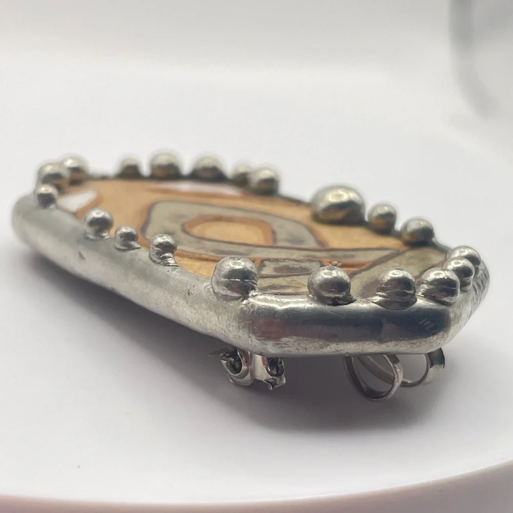 Vintage Artisan Ceramic Pottery Brooch Pendant Combo Brutalist Silver Tone Pin